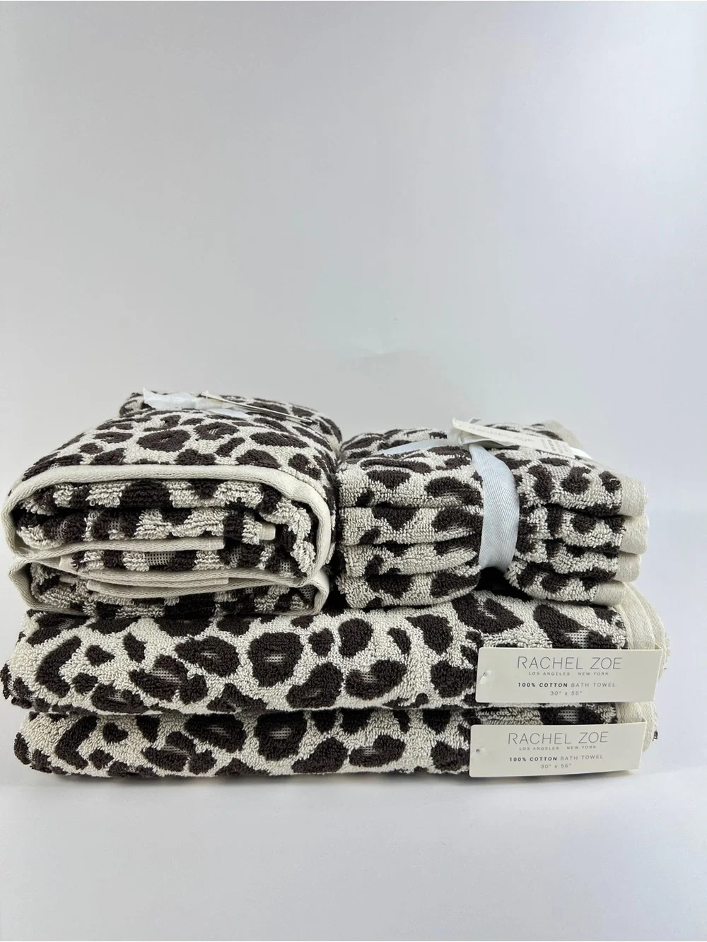 Rachel Zoe Leopard Bath Towel Set Brown Cream Animal Print Soft Cotton 8 Pc NEW
